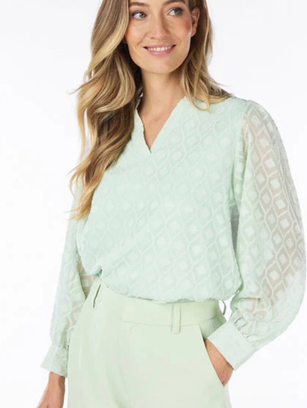 88.Esqualo Mint Green Lace-Pattern Peasant Blouse